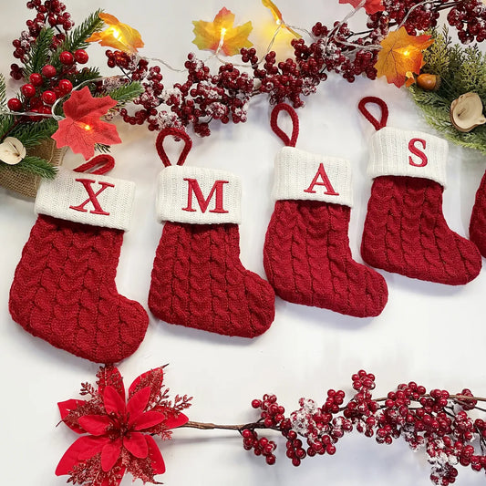 New Year Christmas Socks Red Snowflake Alphabet Letters Christmas knitting Stocking Christmas Tree Decoration For Home Xmas Gift