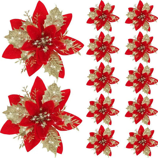 Glitter Artifical Christmas Flowers Merry Christmas Tree Decoration Happy New Year Ornaments Xmas Fake Flowers Natal
