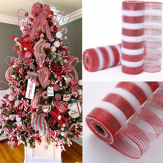 Christmas Mesh Ribbon 10inch 30ft Metallic Foil Red White Gold Silver Glitter Meshed Rolls for Christmas Tree Indoor Decoration