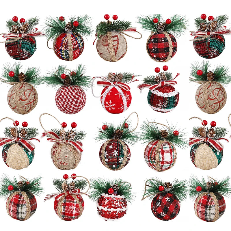 12/24Pcs Red Green Plaid Christmas Balls With Pine Cone Xmas Tree Hanging Foam Pendant Christmas Decorations Navidad New Year